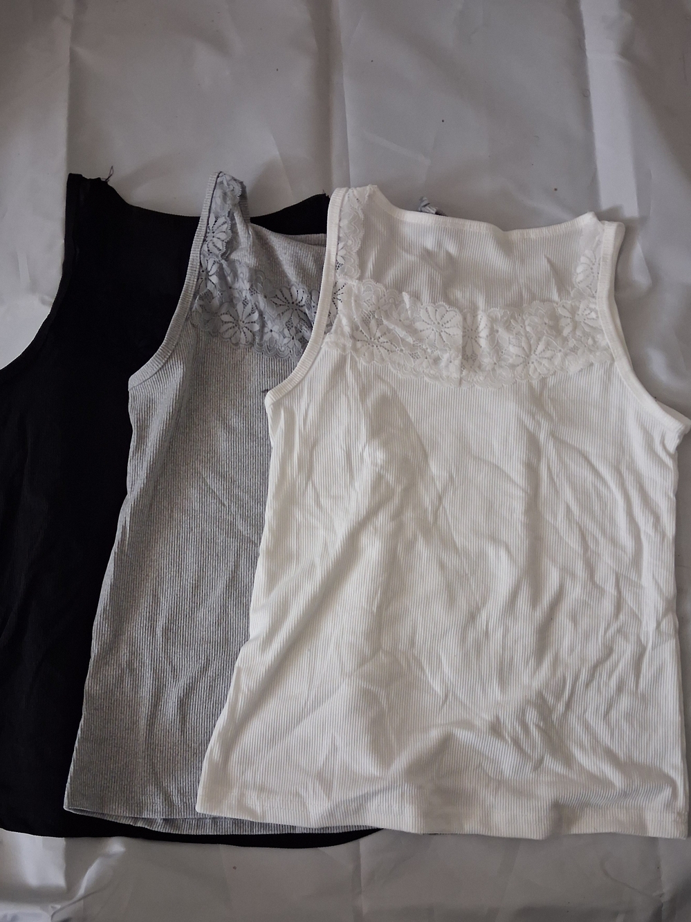 & Other Stories Ribbed Lace Yoke Tank Tops - White, Gray, Black